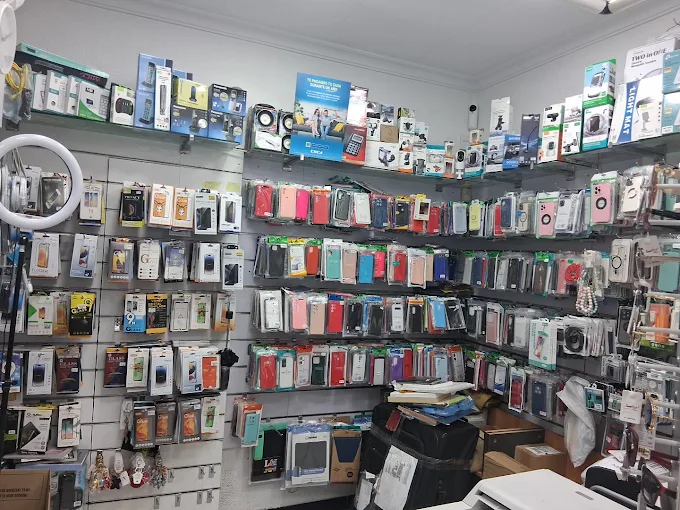 Wall of mobile phone accessories displayed